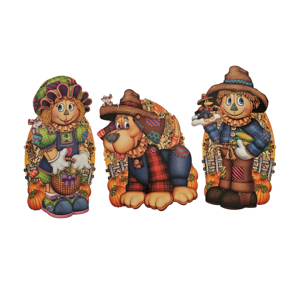 Beistle Vintage Scarecrow & Dog Fall Harvest Die Cut Decorations Lot of 3 1980s